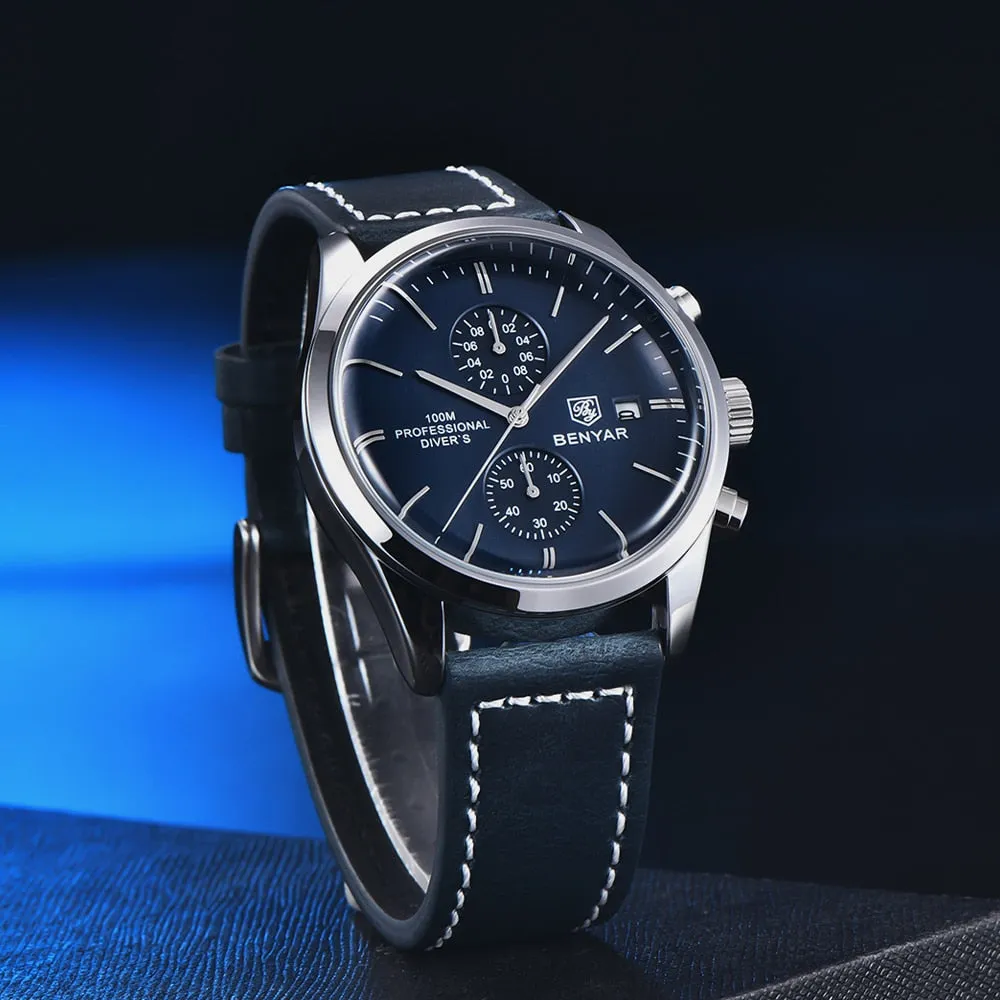 2022 New BENYAR Leather Men Quartz Wristwatches Luxury Brand 100M Waterproof Men Watch Military Sports Chronograph Watch for Men