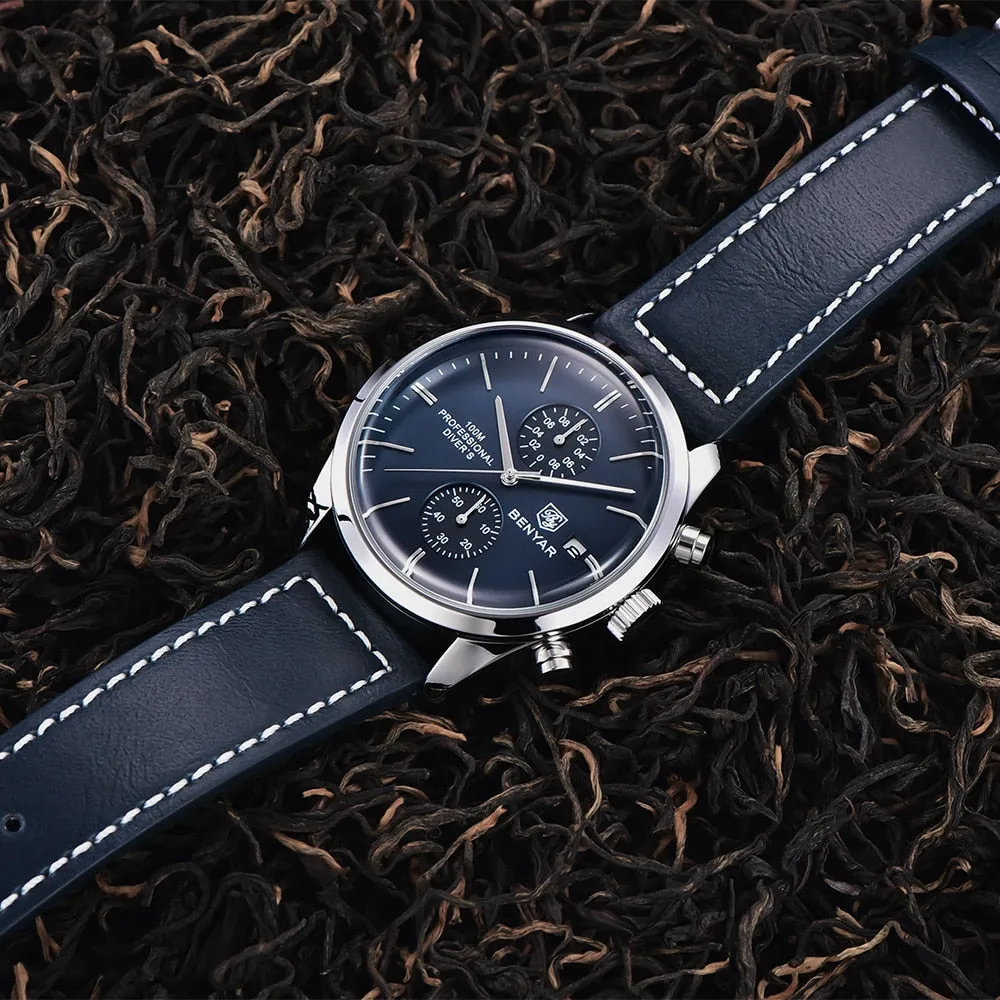 2022 New BENYAR Leather Men Quartz Wristwatches Luxury Brand 100M Waterproof Men Watch Military Sports Chronograph Watch for Men
