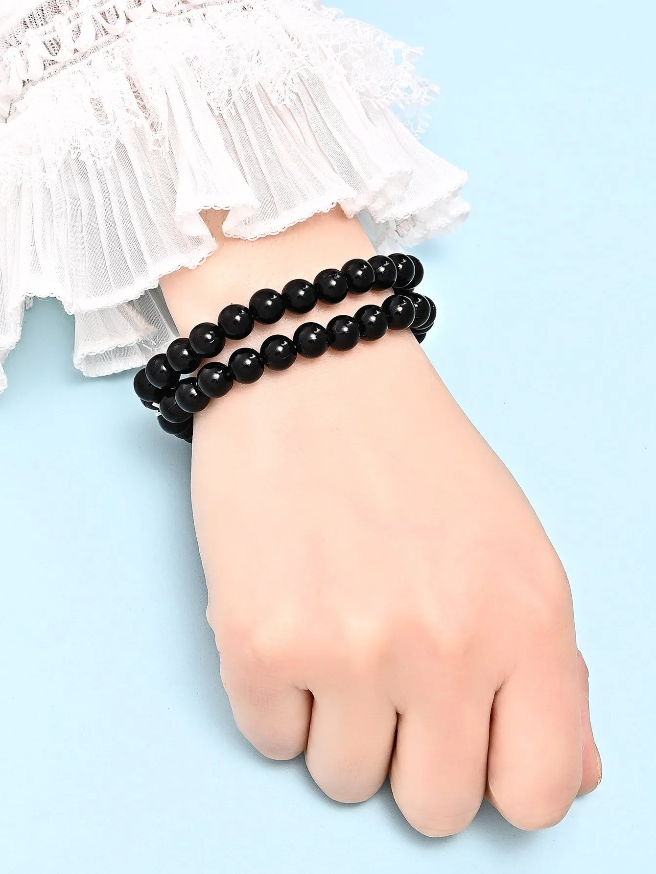 2pcs Minimalist Black Beaded Bracelet for Women Men Stackable Crafted Jewelry