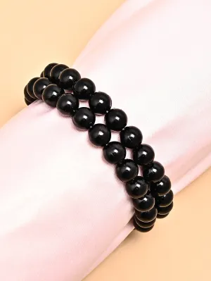 2pcs Minimalist Black Beaded Bracelet for Women Men Stackable Crafted Jewelry
