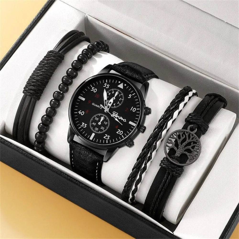 5pcs Set Fashion Mens Sports Watches Man Business Quartz Wristwatch Leather Bracelet Men Casual Clock Watch