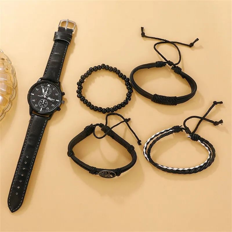 5pcs Set Fashion Mens Sports Watches Man Business Quartz Wristwatch Leather Bracelet Men Casual Clock Watch