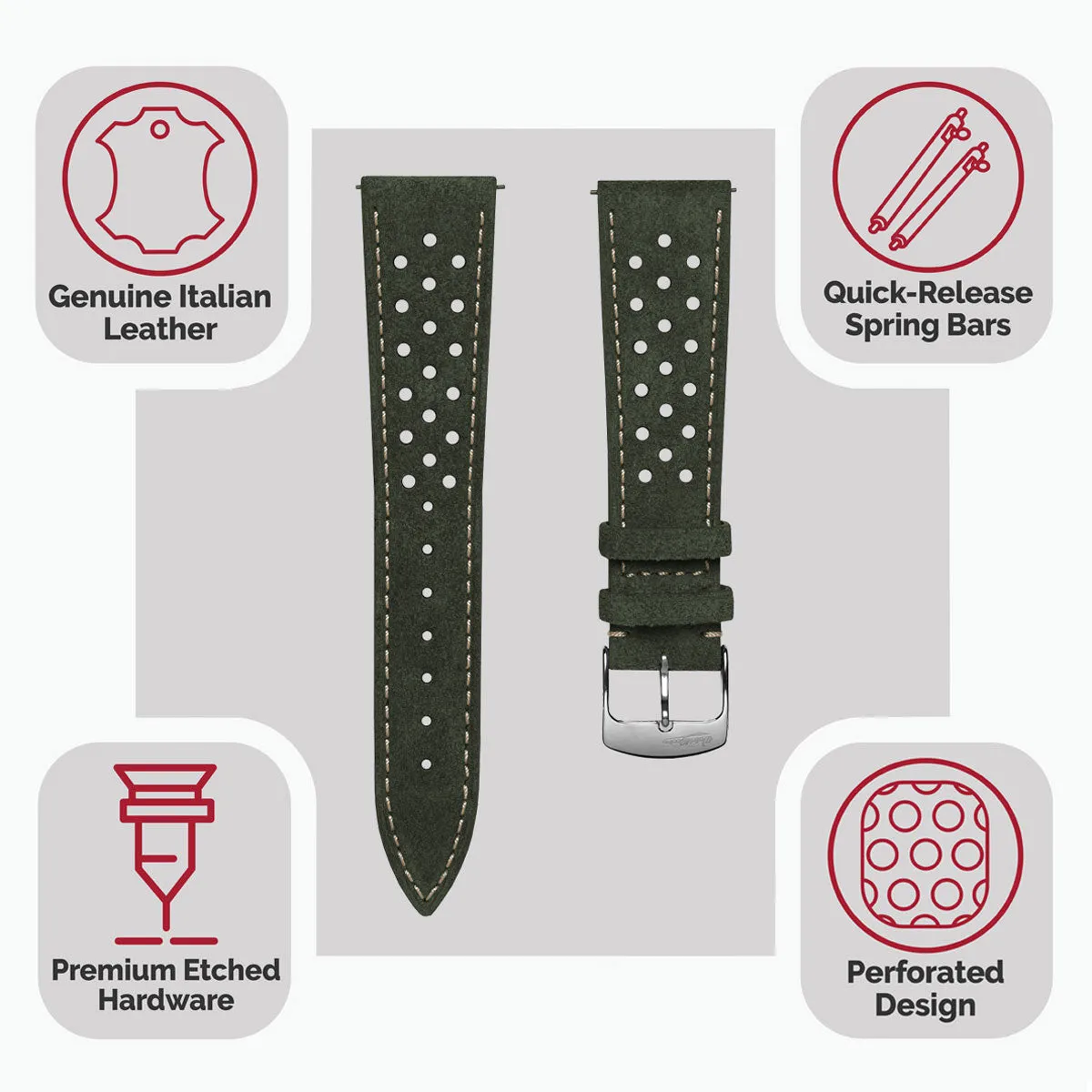 Beaufort Racing Conceria Opera Suede Perforated Watch Strap - Forest Green