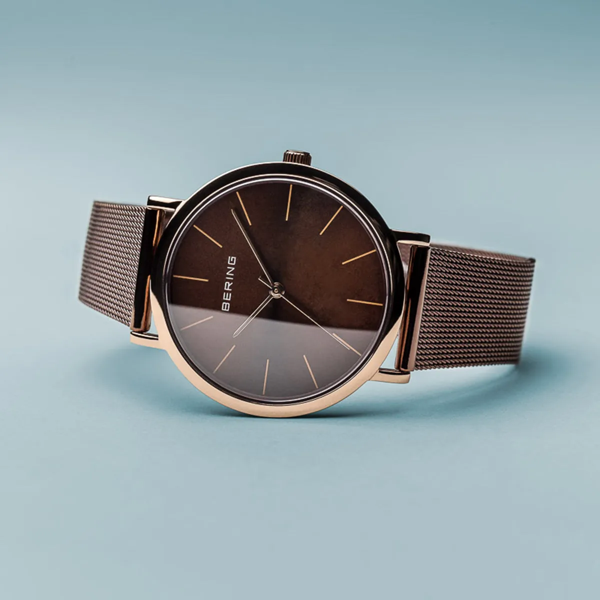 Bering Chocolate Brown Stainless Steel Mesh & Rose Gold Watch