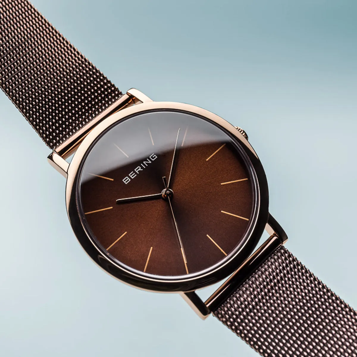 Bering Chocolate Brown Stainless Steel Mesh & Rose Gold Watch