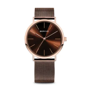 Bering Chocolate Brown Stainless Steel Mesh & Rose Gold Watch