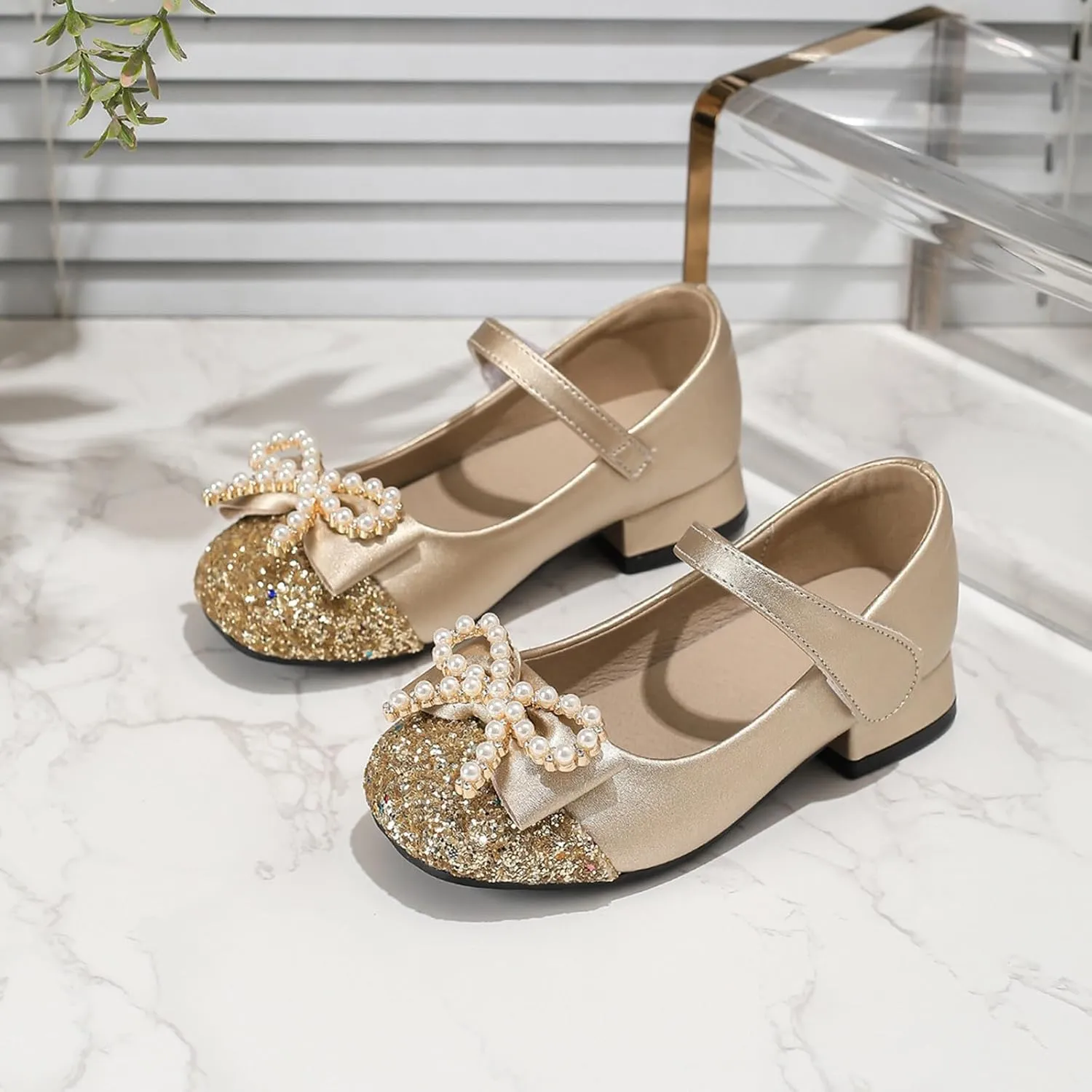 Classic Open Toe Flat Sandals Girls' Chunky High Heels Princess Shoes Bowknot Mary Jane Performance Shallow Mouth Children's Leather Shoes