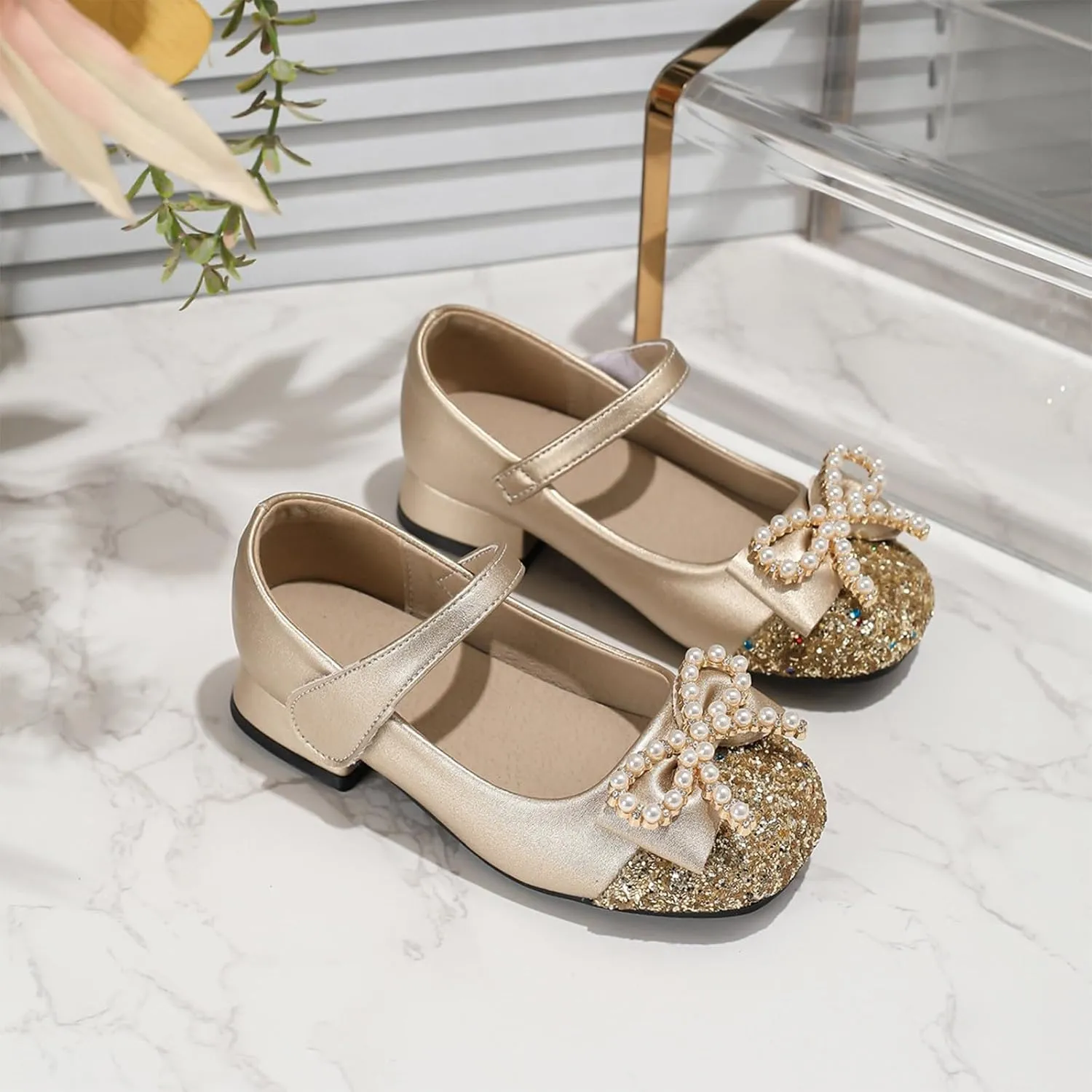 Classic Open Toe Flat Sandals Girls' Chunky High Heels Princess Shoes Bowknot Mary Jane Performance Shallow Mouth Children's Leather Shoes