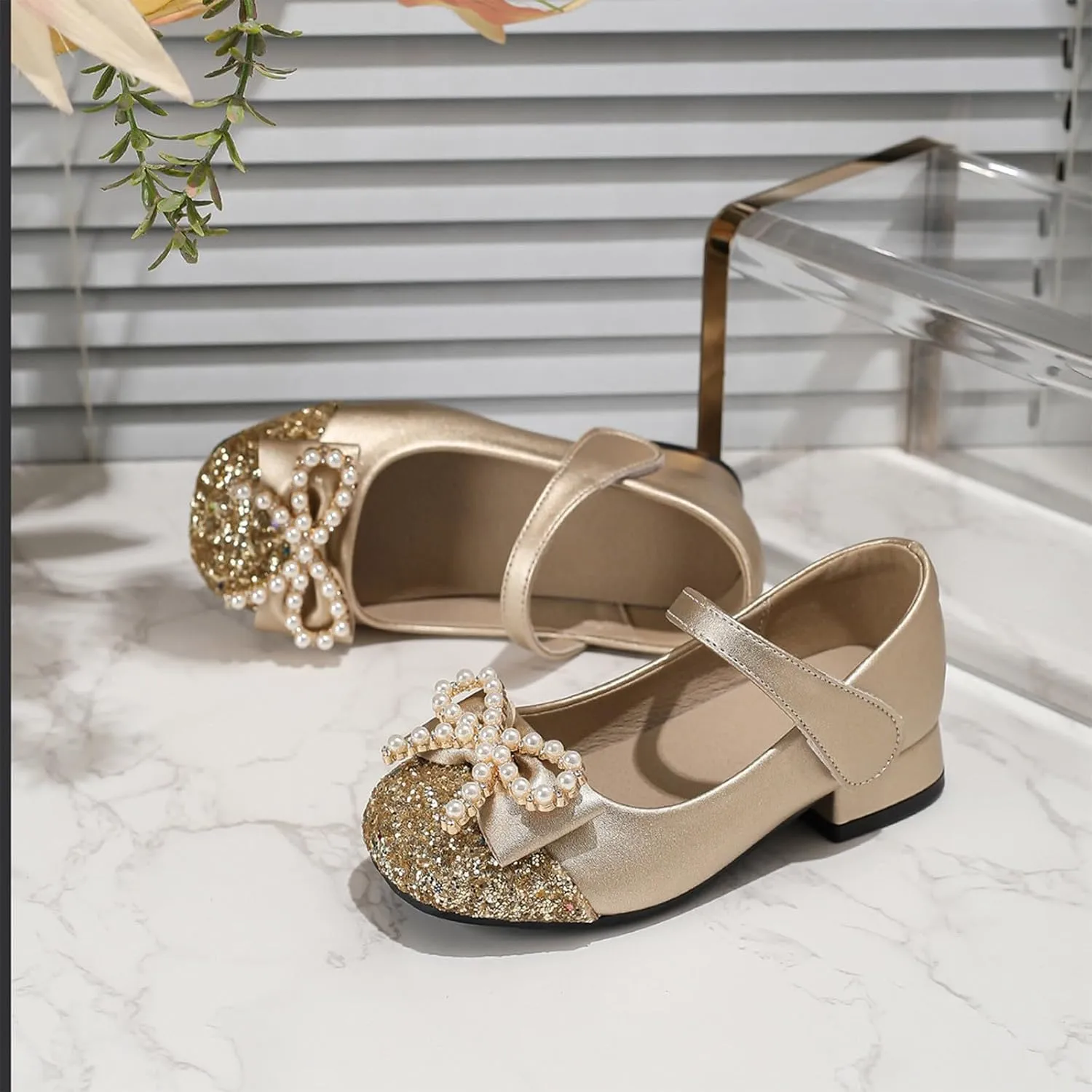 Classic Open Toe Flat Sandals Girls' Chunky High Heels Princess Shoes Bowknot Mary Jane Performance Shallow Mouth Children's Leather Shoes