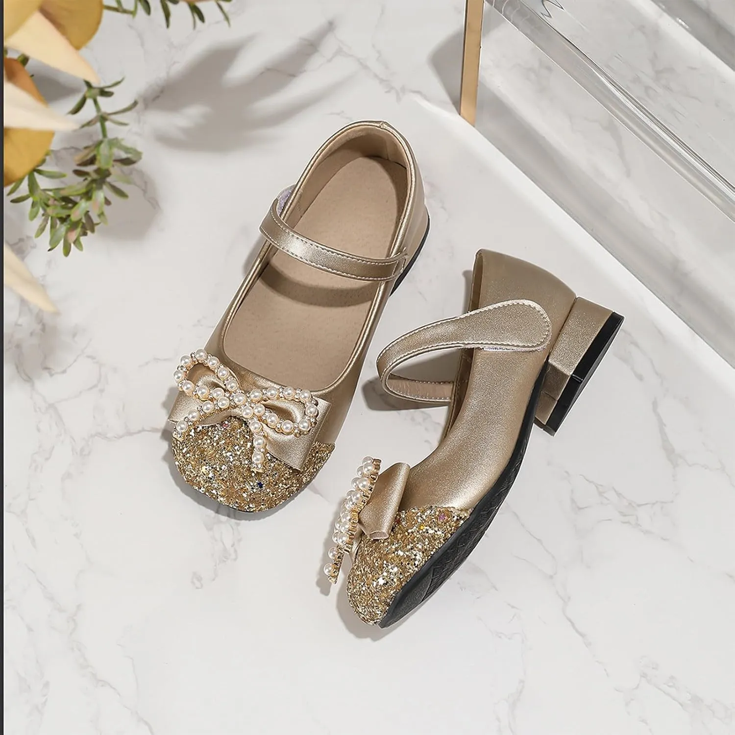 Classic Open Toe Flat Sandals Girls' Chunky High Heels Princess Shoes Bowknot Mary Jane Performance Shallow Mouth Children's Leather Shoes
