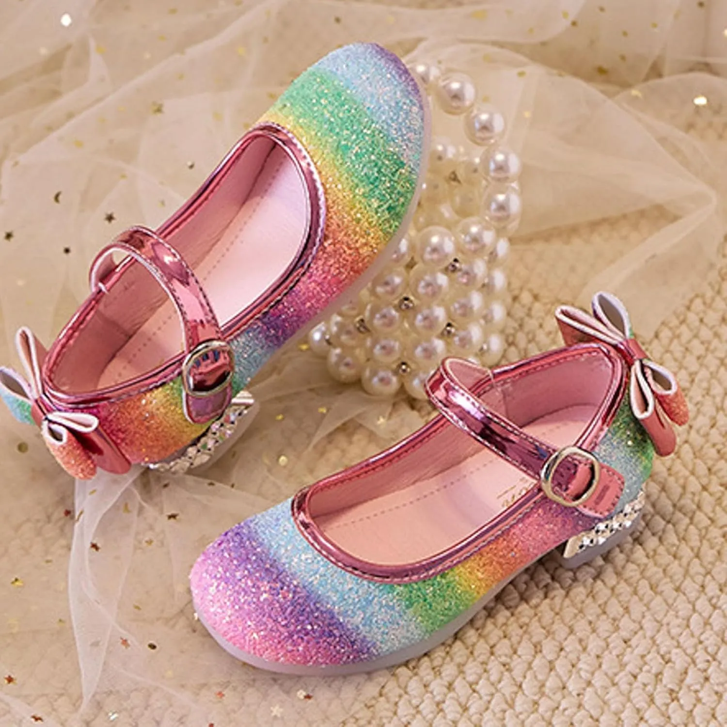 Girls Rainbow Soft Sole Shoes Performance Party Shoes Crystal Thick Heel Casual Sandals Kids Dress Kid Sandals Girl