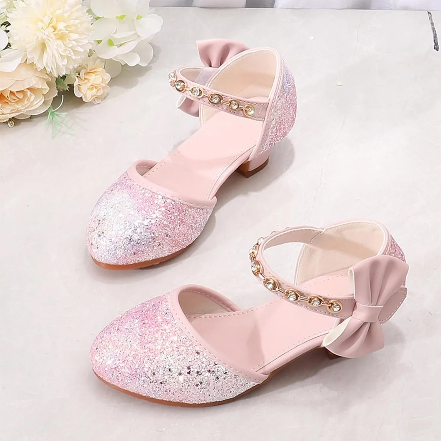 Girls Sandals High Heels Rhinestone Bow Model Show Crystal Shoes Girls White Sandals Little Girl Sandles