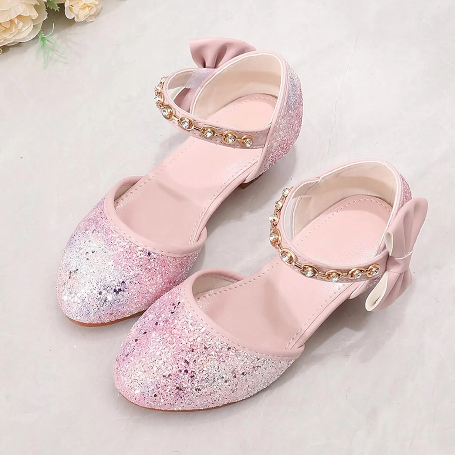 Girls Sandals High Heels Rhinestone Bow Model Show Crystal Shoes Girls White Sandals Little Girl Sandles