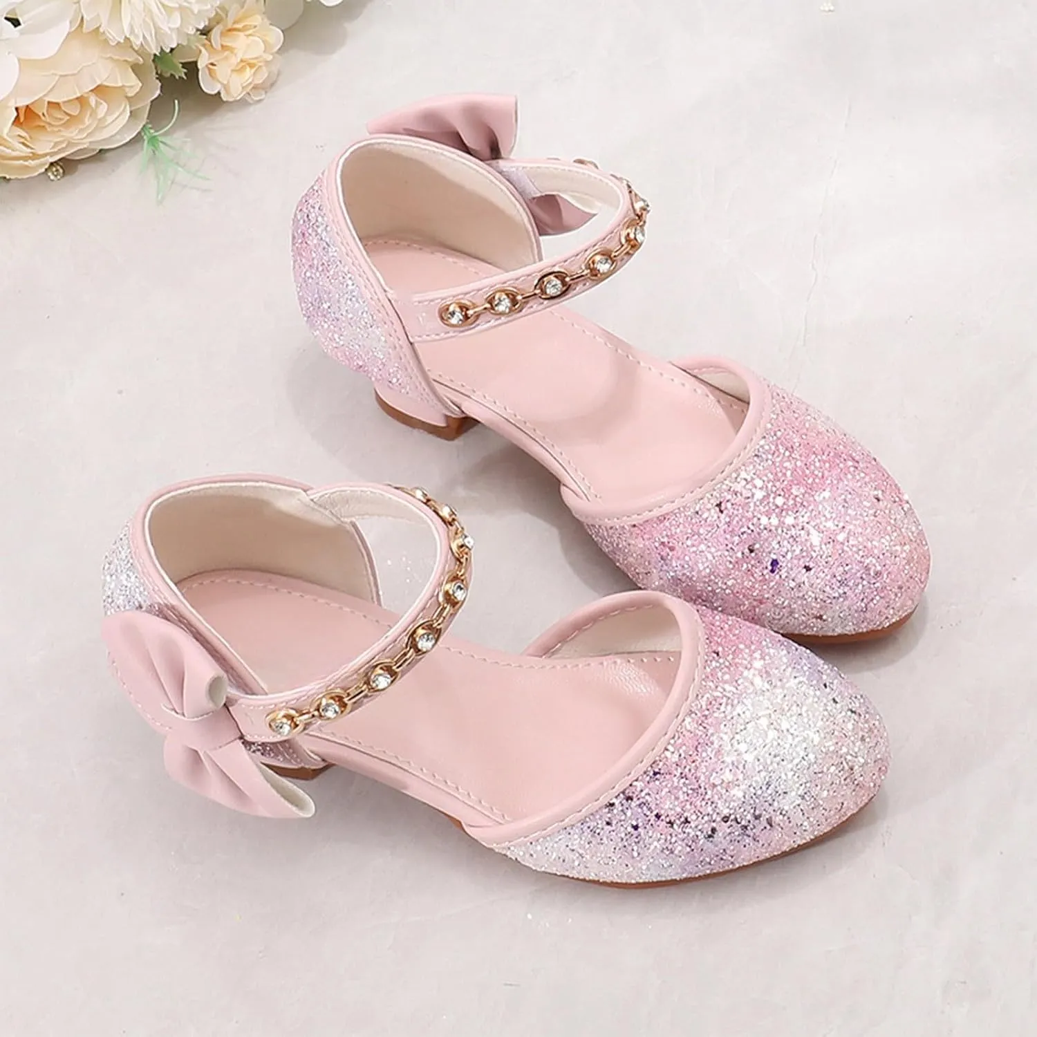 Girls Sandals High Heels Rhinestone Bow Model Show Crystal Shoes Girls White Sandals Little Girl Sandles