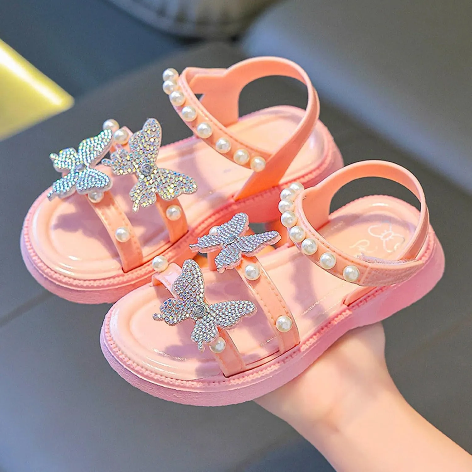 Girls Sandals Low Heel Girls Shoes Sandals Bow Casual Middle And Large Children's Shoes Soft Sole Children's Open Toe Pearl