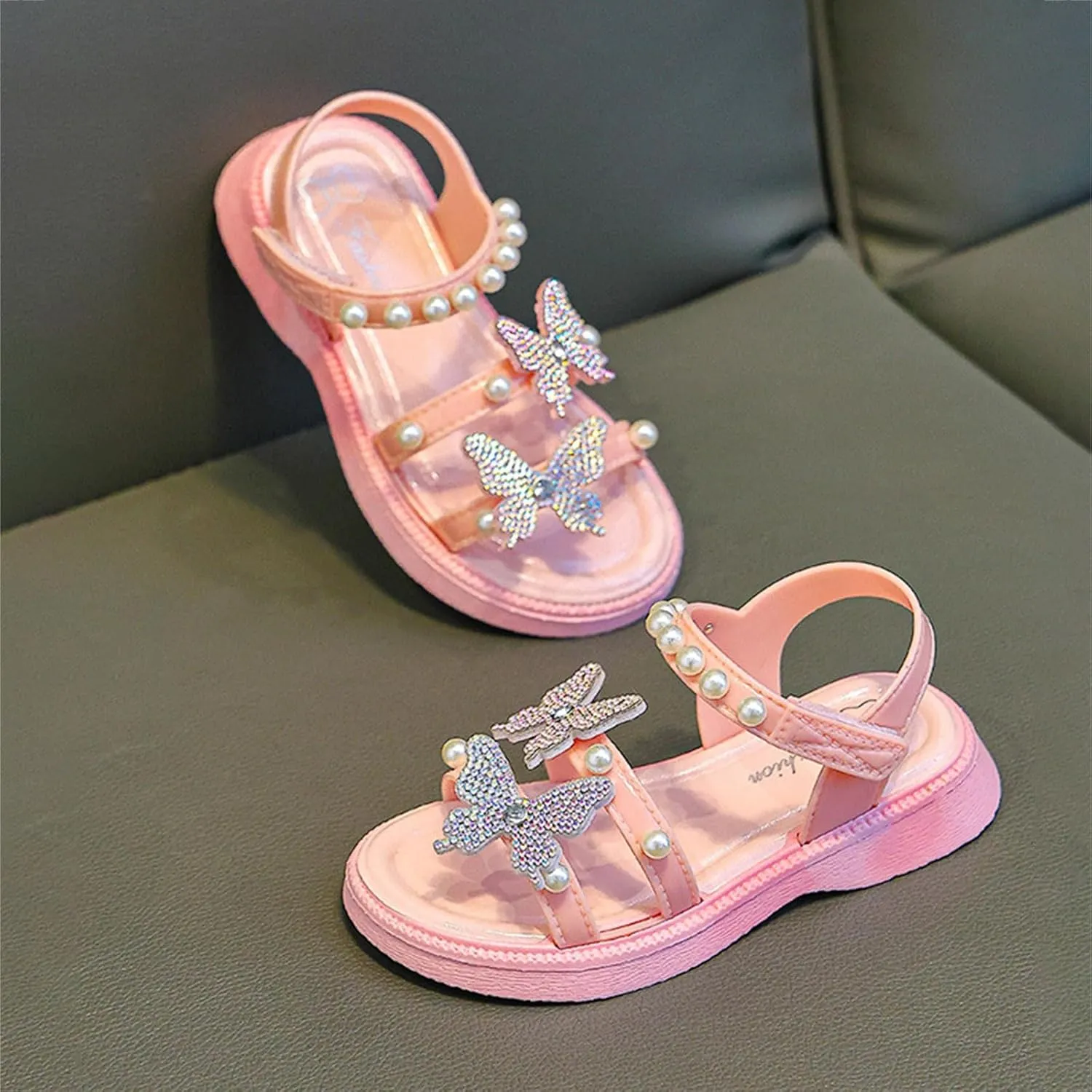 Girls Sandals Low Heel Girls Shoes Sandals Bow Casual Middle And Large Children's Shoes Soft Sole Children's Open Toe Pearl