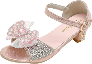 Girls Sandals Rhinestone Bow Shoes Children's High Heels Non Slip Little Girl Shoes Girls Size Sandals for Size 2