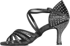 HROYL Women Latin Dance Sandals Rhinestone Salsa Performence Practice Ballroom Professional Dance Shoes,CT404