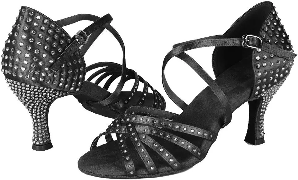 HROYL Women Latin Dance Sandals Rhinestone Salsa Performence Practice Ballroom Professional Dance Shoes,CT404