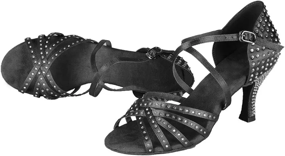 HROYL Women Latin Dance Sandals Rhinestone Salsa Performence Practice Ballroom Professional Dance Shoes,CT404