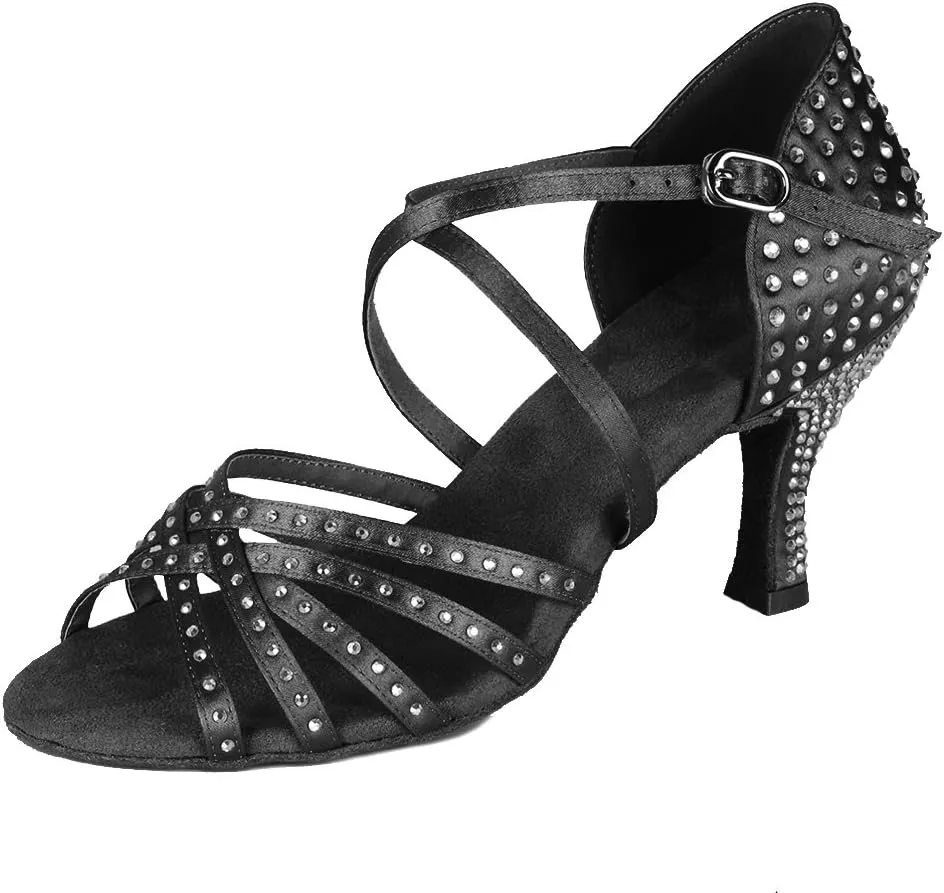 HROYL Women Latin Dance Sandals Rhinestone Salsa Performence Practice Ballroom Professional Dance Shoes,CT404