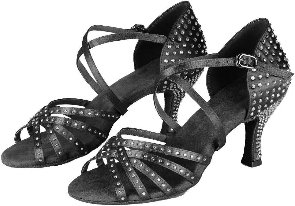 HROYL Women Latin Dance Sandals Rhinestone Salsa Performence Practice Ballroom Professional Dance Shoes,CT404