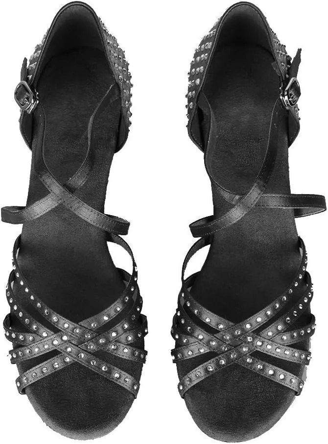 HROYL Women Latin Dance Sandals Rhinestone Salsa Performence Practice Ballroom Professional Dance Shoes,CT404