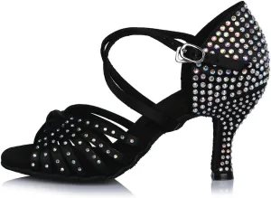 HROYL Women Latin Dance Shoes with Knot Rhinestones Salsa Bachata Cha Cha Ballroom Performence Dancing Shoes AF459