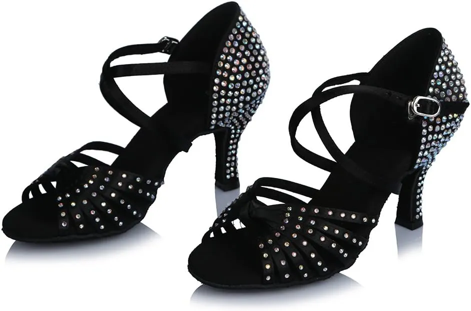 HROYL Women Latin Dance Shoes with Knot Rhinestones Salsa Bachata Cha Cha Ballroom Performence Dancing Shoes AF459