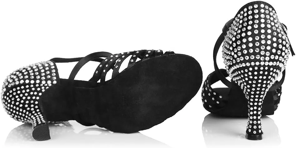 HROYL Women Latin Dance Shoes with Knot Rhinestones Salsa Bachata Cha Cha Ballroom Performence Dancing Shoes AF459