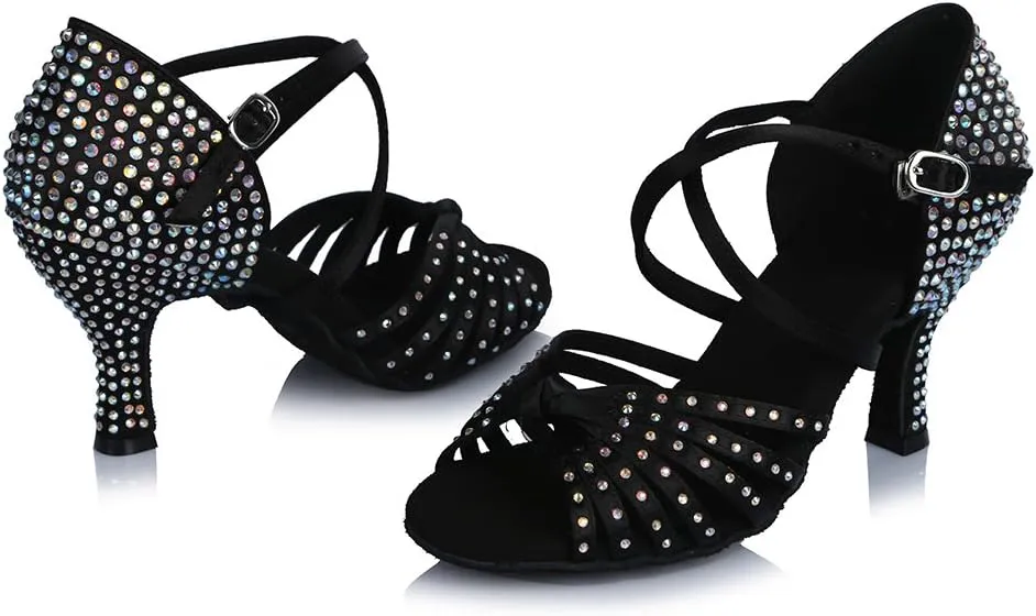 HROYL Women Latin Dance Shoes with Knot Rhinestones Salsa Bachata Cha Cha Ballroom Performence Dancing Shoes AF459