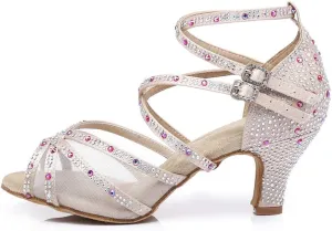 HROYL Women Latin Dance Shoes with Mesh Rhinestone Salsa Performence Practice Ballroom Dancing Heels,YCL373508