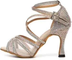 HROYL Women Latin Dance Shoes with Mesh Rhinestone Salsa Performence Practice Ballroom Dancing Heels,YCL373508