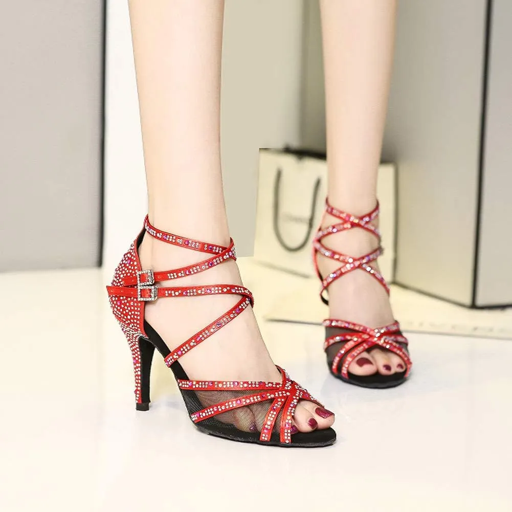 HROYL Women Latin Dance Shoes with Mesh Rhinestone Salsa Performence Practice Ballroom Dancing Heels,YCL373508
