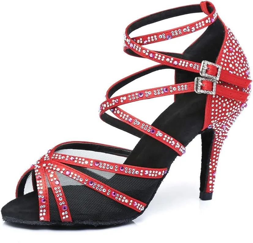 HROYL Women Latin Dance Shoes with Mesh Rhinestone Salsa Performence Practice Ballroom Dancing Heels,YCL373508
