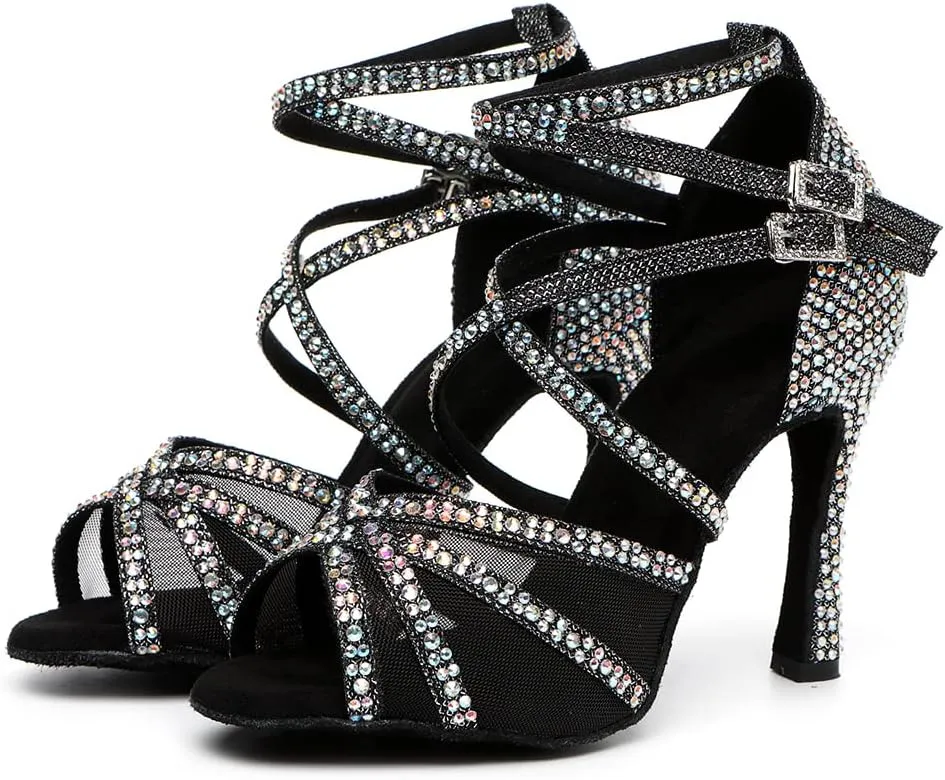 HROYL Women Latin Dance Shoes with Mesh Rhinestone Salsa Performence Practice Ballroom Dancing Heels,YCL373508