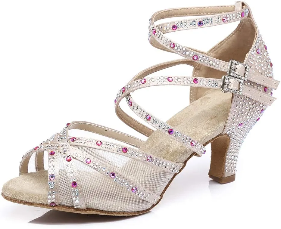 HROYL Women Latin Dance Shoes with Mesh Rhinestone Salsa Performence Practice Ballroom Dancing Heels,YCL373508