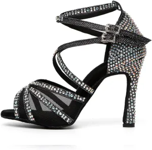HROYL Women Latin Dance Shoes with Mesh Rhinestone Salsa Performence Practice Ballroom Dancing Heels,YCL373508
