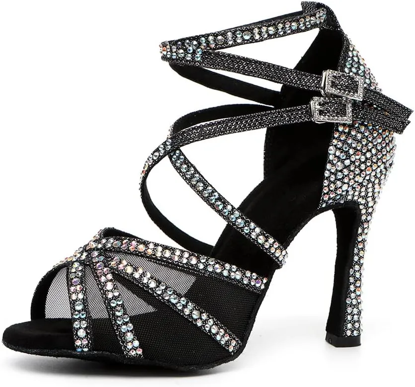 HROYL Women Latin Dance Shoes with Mesh Rhinestone Salsa Performence Practice Ballroom Dancing Heels,YCL373508