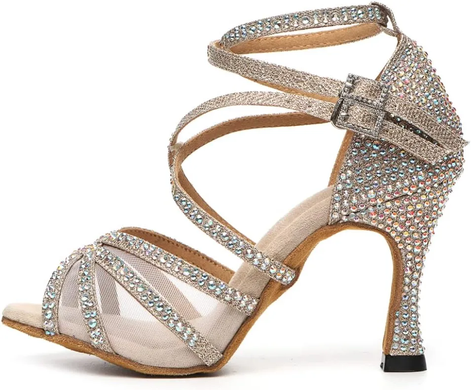 HROYL Women Latin Dance Shoes with Mesh Rhinestone Salsa Performence Practice Ballroom Dancing Heels,YCL373508