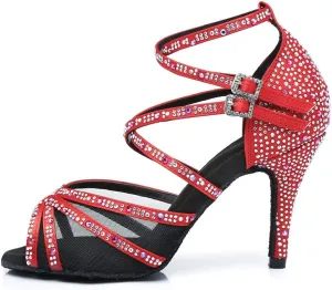 HROYL Women Latin Dance Shoes with Mesh Rhinestone Salsa Performence Practice Ballroom Dancing Heels,YCL373508