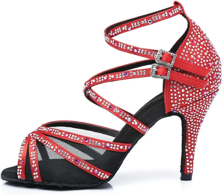 HROYL Women Latin Dance Shoes with Mesh Rhinestone Salsa Performence Practice Ballroom Dancing Heels,YCL373508