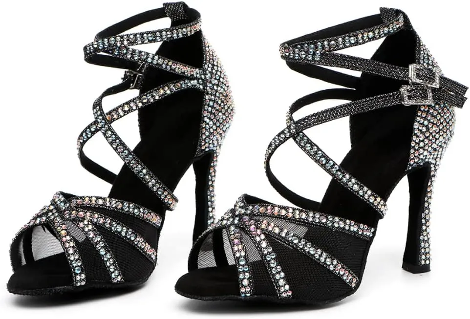 HROYL Women Latin Dance Shoes with Mesh Rhinestone Salsa Performence Practice Ballroom Dancing Heels,YCL373508