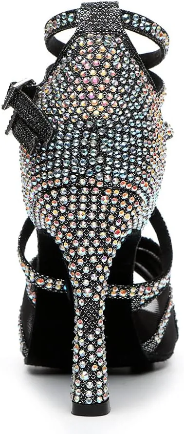 HROYL Women Latin Dance Shoes with Mesh Rhinestone Salsa Performence Practice Ballroom Dancing Heels,YCL373508