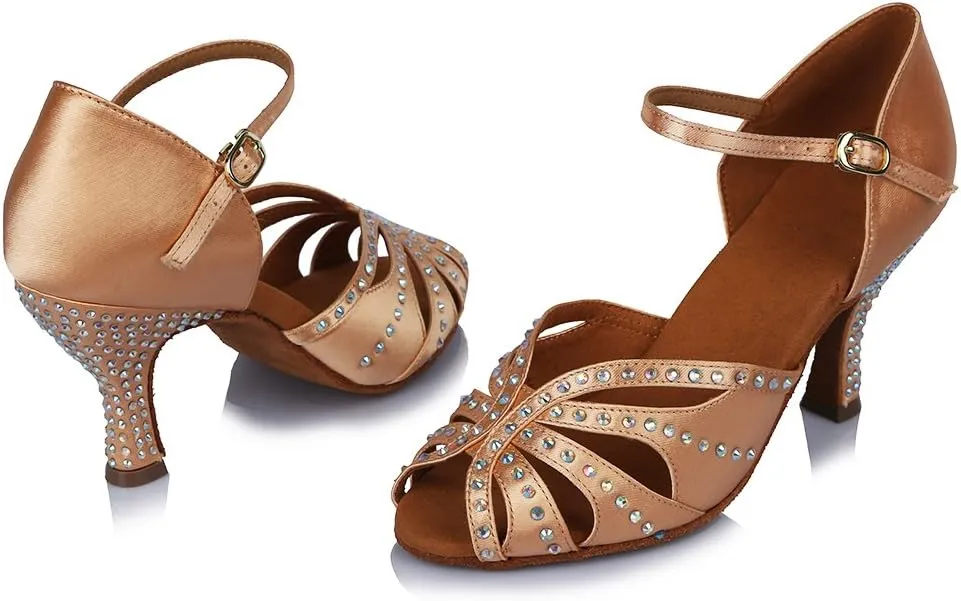HROYL Women Rhinestone Latin Ballroom Dance Shoes Bachata Salsa Practice Performance Dance Shoes,YCL375