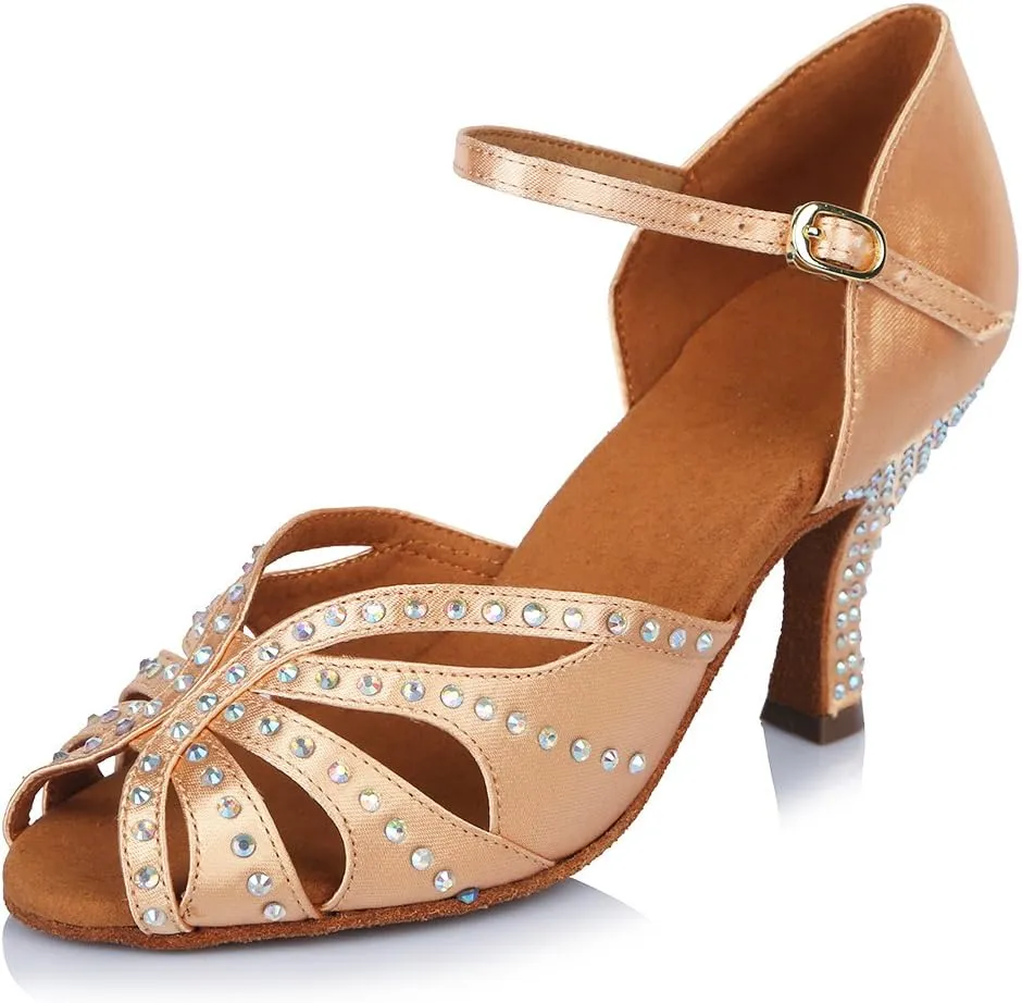HROYL Women Rhinestone Latin Ballroom Dance Shoes Bachata Salsa Practice Performance Dance Shoes,YCL375