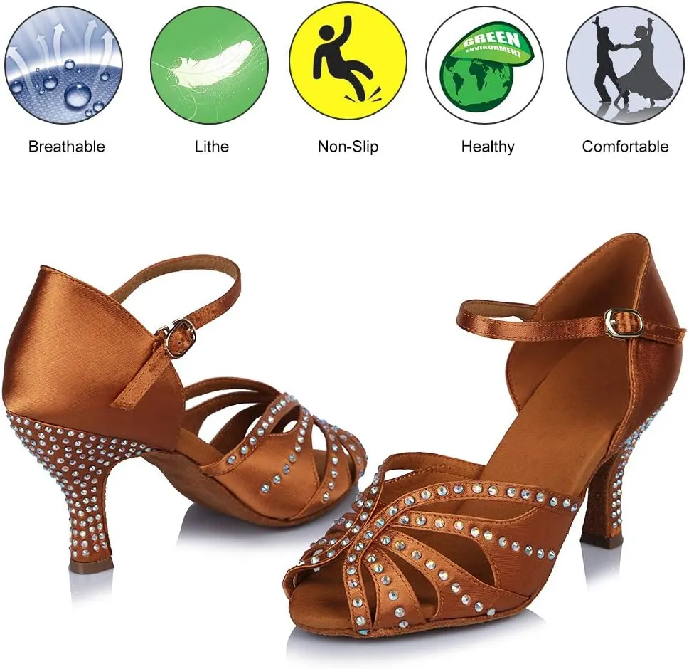 HROYL Women Rhinestone Latin Ballroom Dance Shoes Bachata Salsa Practice Performance Dance Shoes,YCL375
