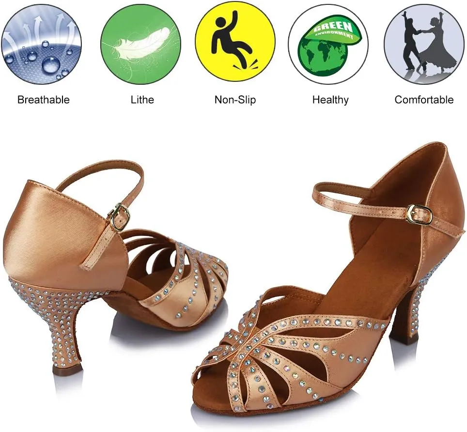 HROYL Women Rhinestone Latin Ballroom Dance Shoes Bachata Salsa Practice Performance Dance Shoes,YCL375