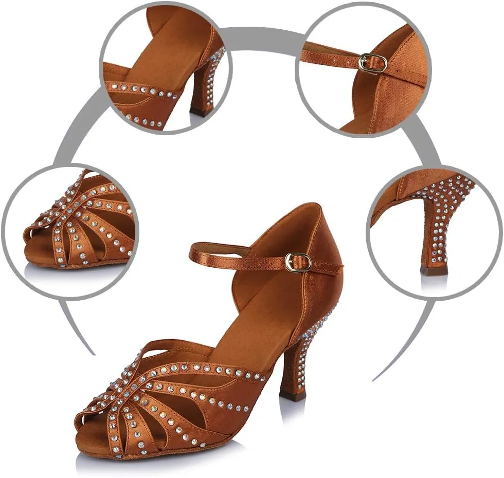 HROYL Women Rhinestone Latin Ballroom Dance Shoes Bachata Salsa Practice Performance Dance Shoes,YCL375