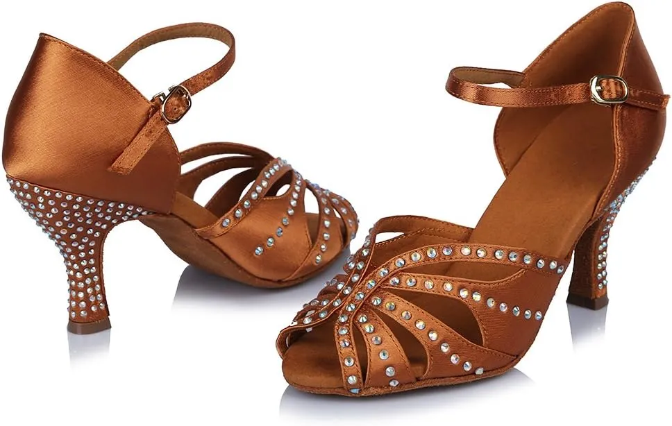 HROYL Women Rhinestone Latin Ballroom Dance Shoes Bachata Salsa Practice Performance Dance Shoes,YCL375